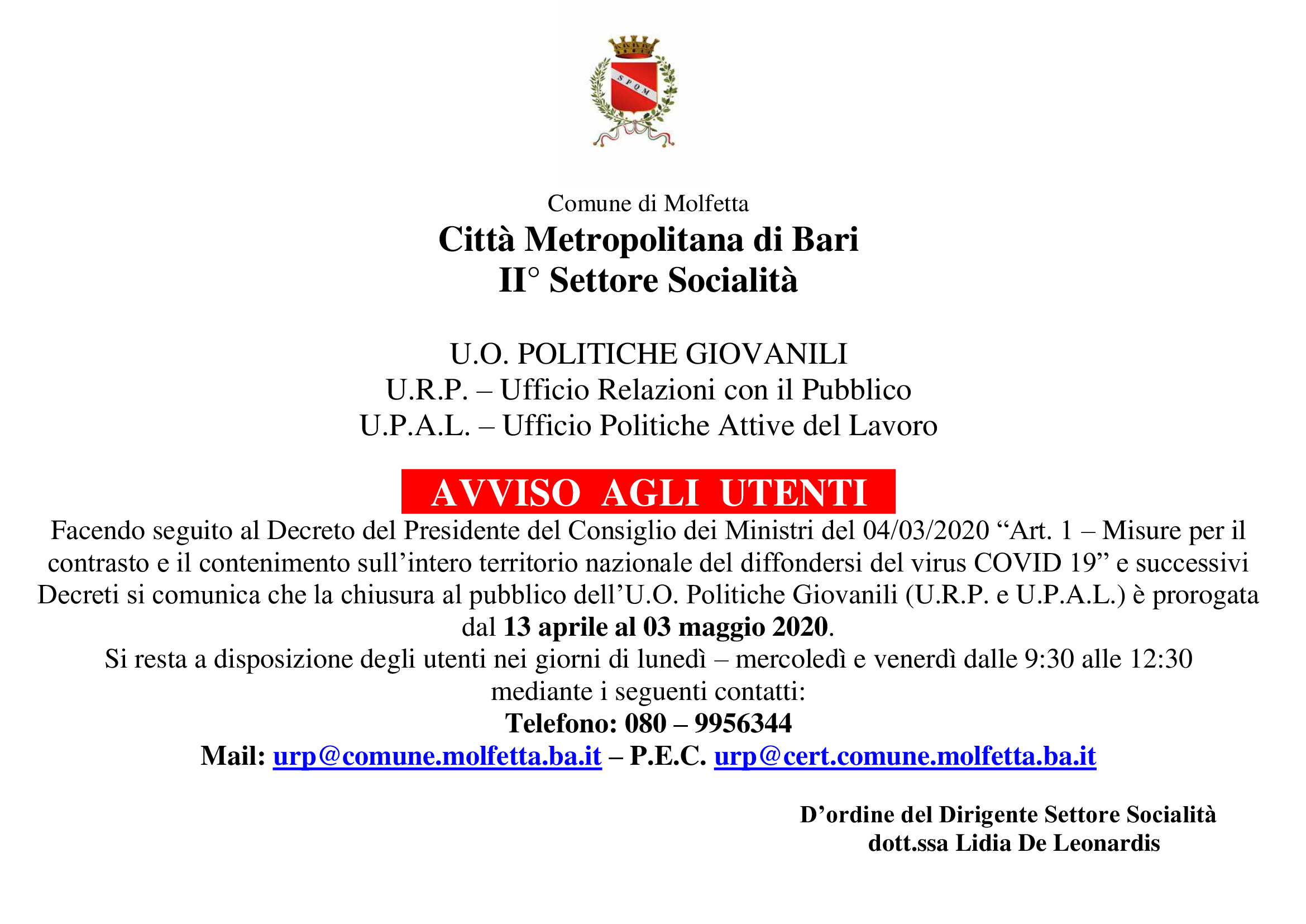 Avviso chiusura al pubblico UO Politiche giovanili proroga dal 13 aprile al 03 maggio 2020