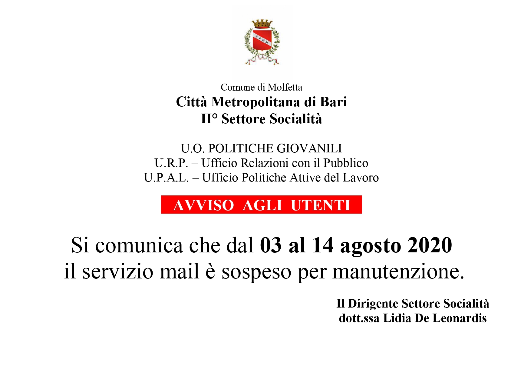 Avviso UO Politiche giovanili sospensione del servizio mail dal 03 agosto al 14 agosto 2020 page 0001