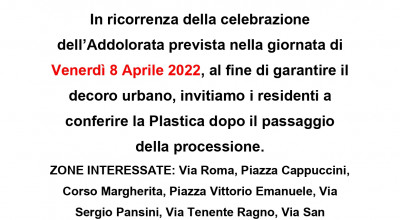 Porta a porta - Avviso relativo al conferimento plastica nella giornata di ve...