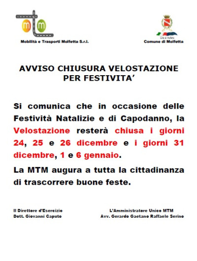 Chiusura Velostazione per festività