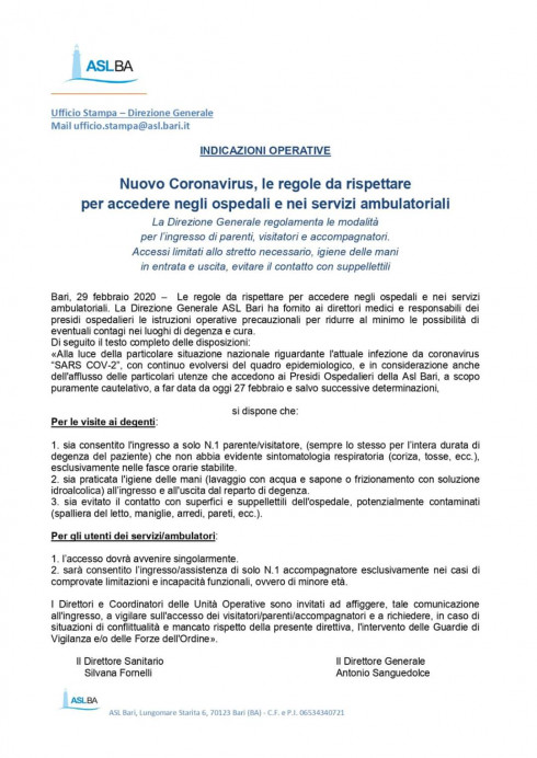 Nuovo Coronavirus, le regole da rispettare per accedere negli ospedali e nei servizi ambulatoriali.