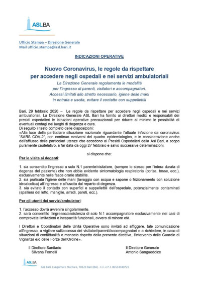 Nuovo Coronavirus, le regole da rispettare  per accedere negli ospedali e nei...