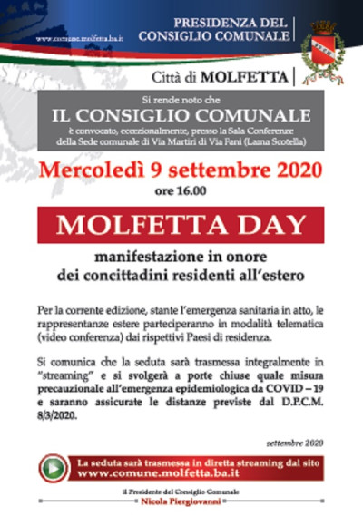 Mercoledì 9 settembre seduta del Consiglio comunale per celebrare il M...