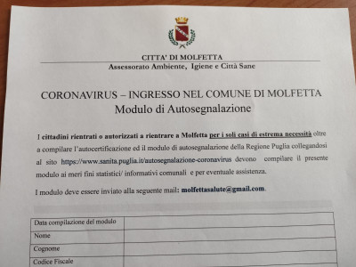 Modulo comunale di autosegnalazione per chi è rientrato a Molfetta