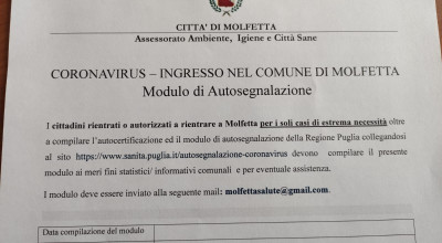 Modulo comunale di autosegnalazione per chi è rientrato a Molfetta