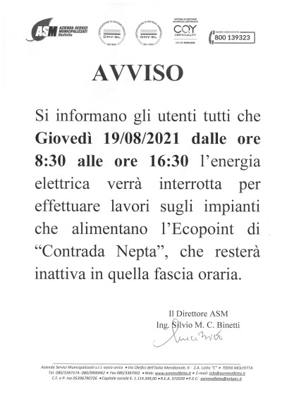 ASM - avviso interruzione energia elettrica - Contrada Nepta - giovedì...