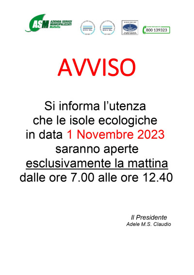 Orario isole ecologiche festività di Ognissanti