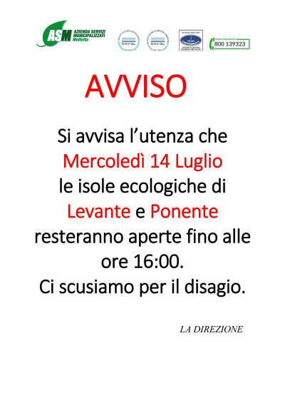 ASM - Avviso variazioni orari isole ecologiche