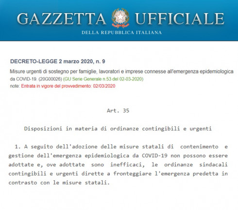 Decreto Coronavirus: disposizioni sulle ordinanze sindacali