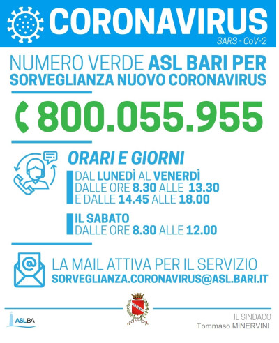 Numero verde Asl Bari per sorveglianza Coronavirus