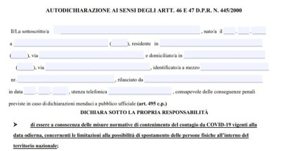 Torna l’autocertificazione. Il modello da scaricare