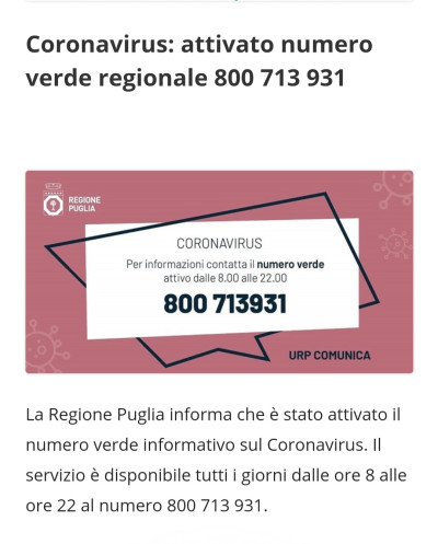 Coronavirus: attivo il numero verde regionale