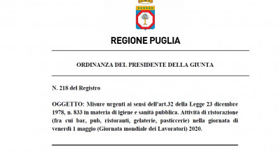 Venerdì 1 maggio per gli esercizi di ristorazione consentito solo il s...