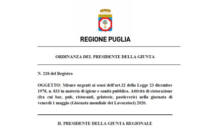 Venerdì 1 maggio per gli esercizi di ristorazione consentito solo il s...