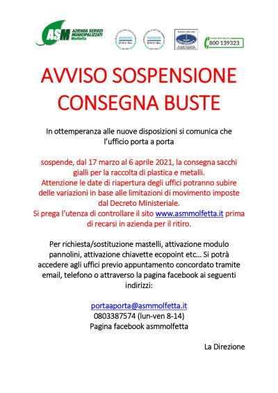 ASM - Avviso sospensione consegna buste