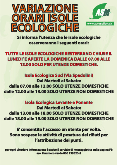 Variazioni orari isole ecologiche